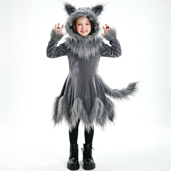 LARP Big Bad Wolf Costume Women Girls,Halloween Plush Faux Fur Gray Werewolf Costume,Woodland Animal Outfit