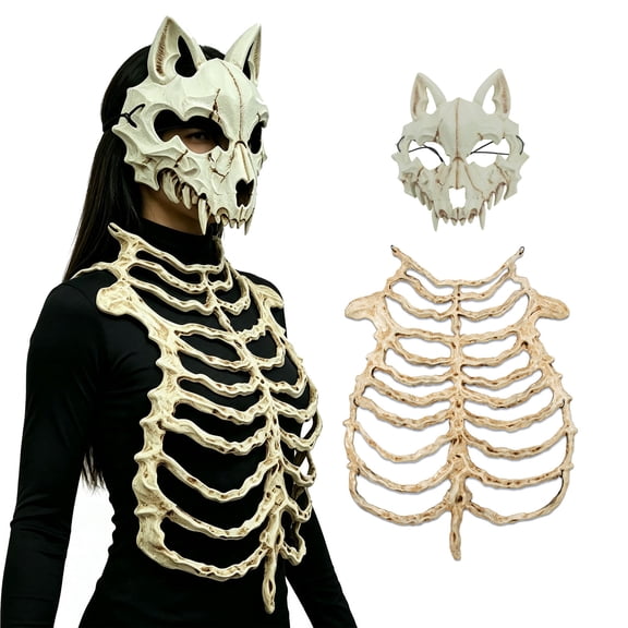 LARP Gothic Skeleton Rib Cage Chest Armor with Animal Skull Mask Costume,Halloween Skeleton Bone Corset Costumes
