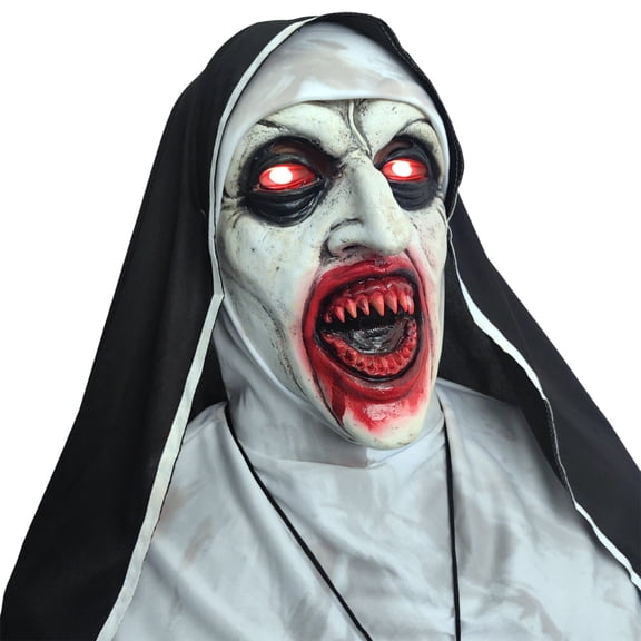 LARP Realistic Nun Mask With Red LED Eyes,Scary Demon Head Mask for Halloween,Devil Nun Costume Mask