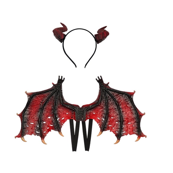 LARP Scary Red Demon Wings Horns Costume Set,Realistic Red Devil Costume with Wings Horns for Halloween,Masquerade