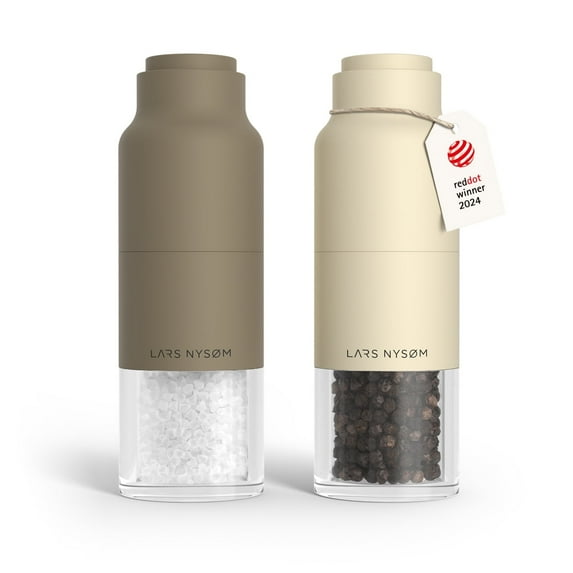 LARS NYSØM Salt and Pepper Grinder Set Stainless Steel with Adjustable Grinder I Bottle Design Spice Mills Set Manual (Brown/Beige)