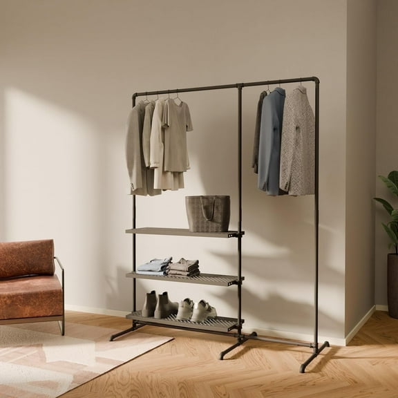 pamo Industrial Pipe Clothing Rack with Shelf - 260 lbs Capacity - Free Standing Clothes Rack and Walk In Closet with Metal Shelf for Wardrobe