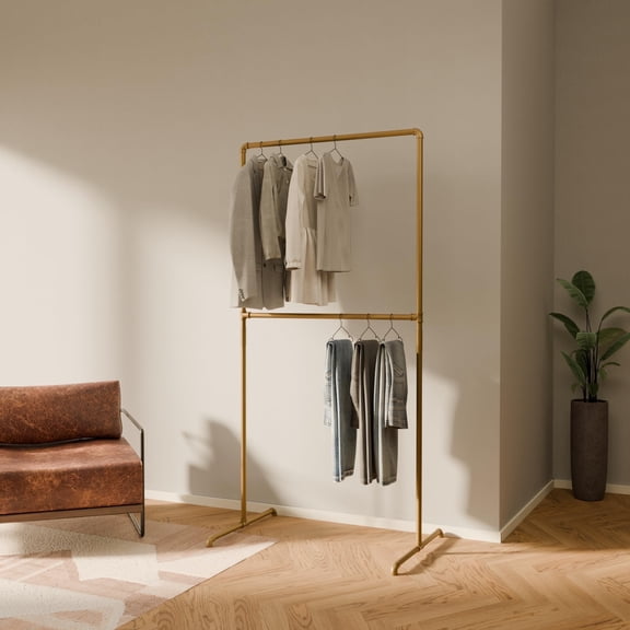pamo Freestanding Clothes Rack – 170 lbs Load Capacity – Open Closet or Industrial Garment Rack for Bedroom or Walk-In Closet – Gold Metal Pipe Design
