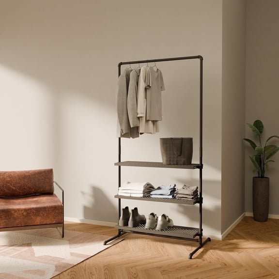 pamo Industrial Pipe Clothing Rack with Shelf - 175 lbs Capacity - Free Standing Clothes Rack and Walk In Closet with Metal Shelf for Wardrobe