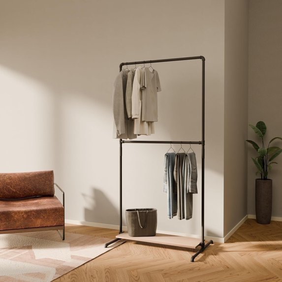 pamo Industrial Pipe Clothing Rack with Shelf - 175 lbs Capacity - Free Standing Clothes Rack and Walk In Closet with Wooden Shelf for Wardrobe