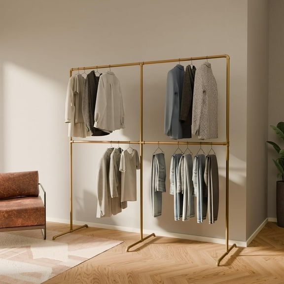 pamo Freestanding Clothes Rack – 260 lbs Load Capacity – Open Closet or Industrial Garment Rack for Bedroom or Walk-In Closet – Gold Metal Pipe Design