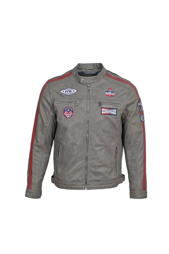 LAS Men's Gray racer style leather jacket Long sleeves Zip up closure 2 chest pockets with zip 2 side pockets