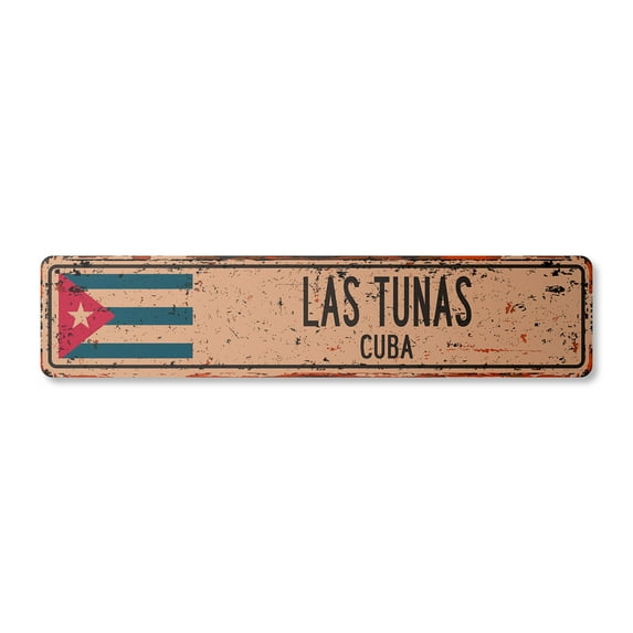 LAS TUNAS CUBA Vintage Plastic Street Sign Cuban flag city country road wall gift | Indoor/Outdoor | 18" Wide