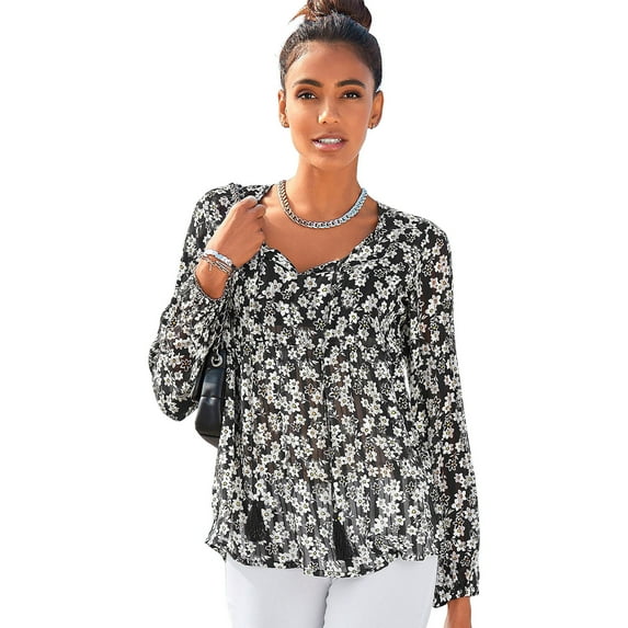 LASCANA Women's Airy Patterned Blouse Shirt Tassels