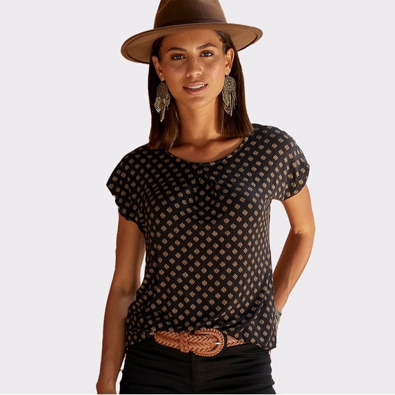 LASCANA Women's Boho Print Top Pintuck Detail