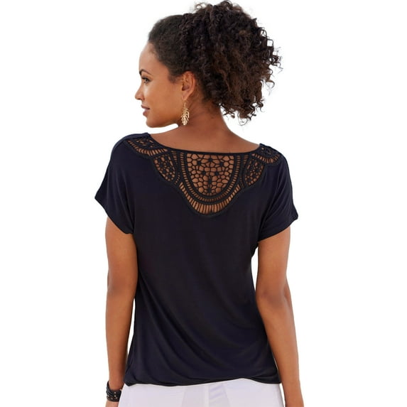 LASCANA Women's Crochet Insert Short Sleeve Top Crochet Detail