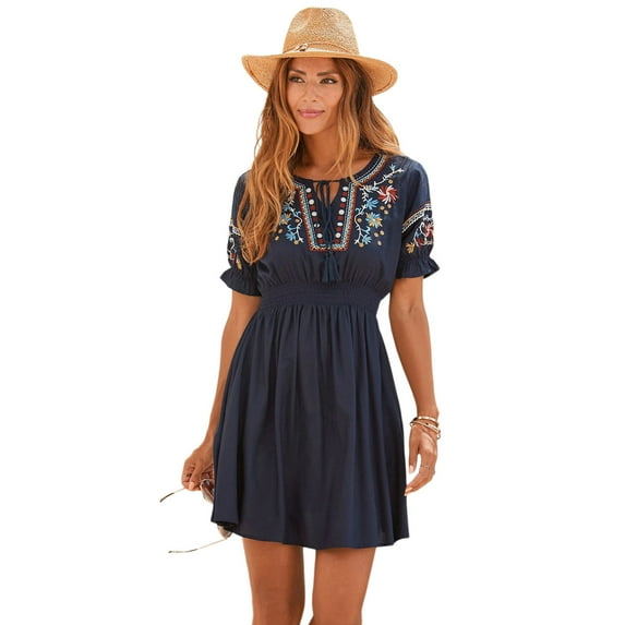 LASCANA Women's Embroidered Short Sleeve Dress Embroidered Detail