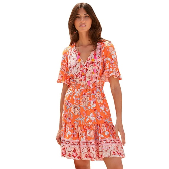 LASCANA Women's Floral Short Sleeve Dress Ruffles