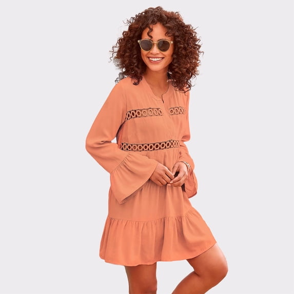 LASCANA Women's Flowy Flared Sleeve Dress Lace Trim