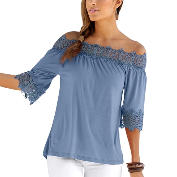 LASCANA Women's Lace Accent Off The Shoulder Top Lace Trim
