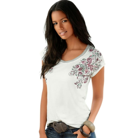 LASCANA Women's Mix Print Detail Top Lace Trim