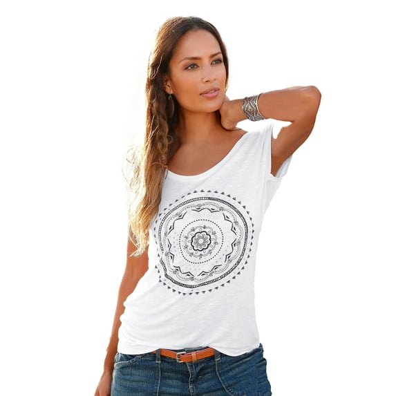 LASCANA Women's Mosaic Boho Print Top Embroidered Detail