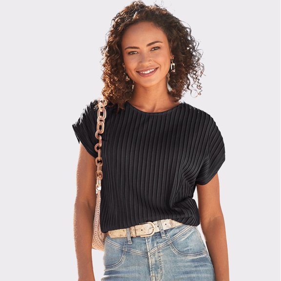 LASCANA Women's Ribbed Short Sleeve Top Textured Stitching
