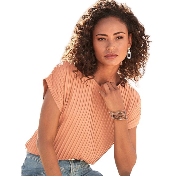 LASCANA Women's Ribbed Short Sleeve Top Textured Stitching