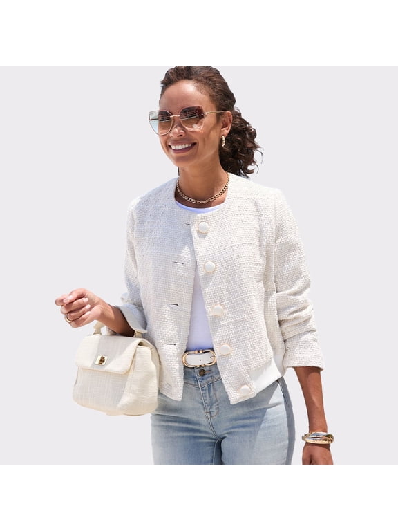 Women's Round Neckline Tweed Jacket Buttons