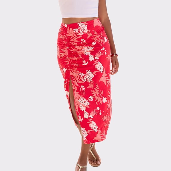 LASCANA Women's Ruched Slit Midi Skirt Ruching