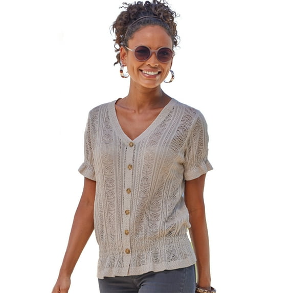 LASCANA Women's Short Sleeve Open Knit Top Buttons