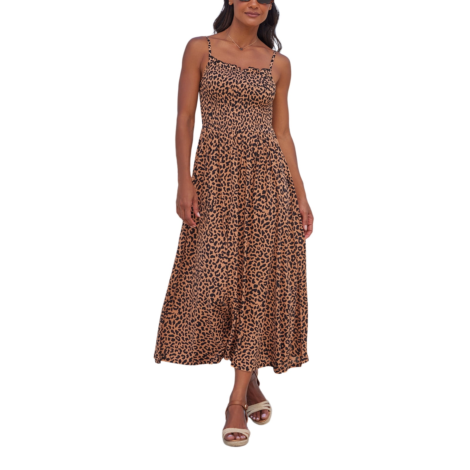 LASCANA Women's Smocked Leopard Cheetah Print Dress Smocking - Walmart.com