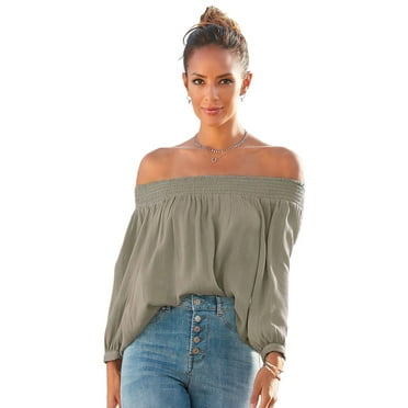 LASCANA Women's Smocked Off Shoulder Blouse Shirt Smocking