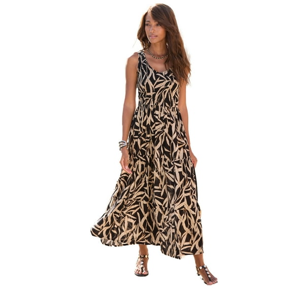 LASCANA Women's Smocked V-Neck Maxi Dress Smocking