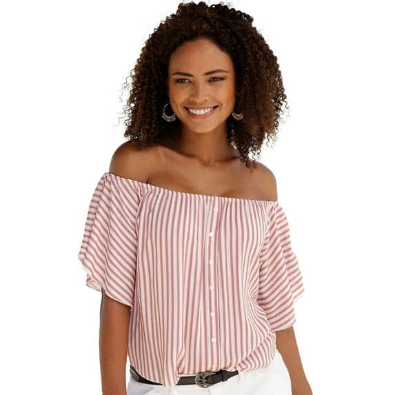 LASCANA Women's Striped Off Shoulder Top Buttons