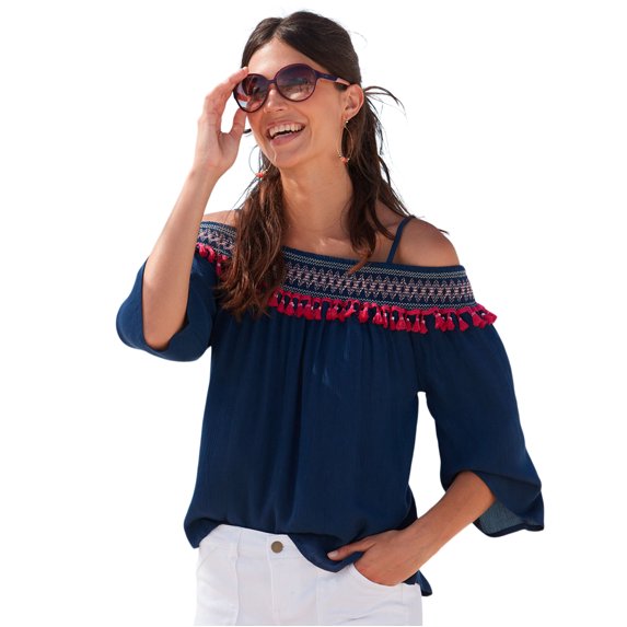 LASCANA Women's Tassel Trim Cold Shoulder Blouse Shirt Tassels