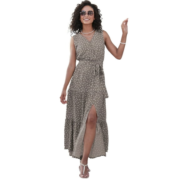 LASCANA Women's Tiered Slit Maxi Dress Front Bow