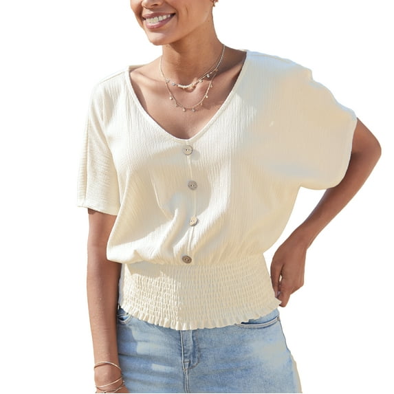 LASCANA Women's V-Neck Smocked Top Buttons