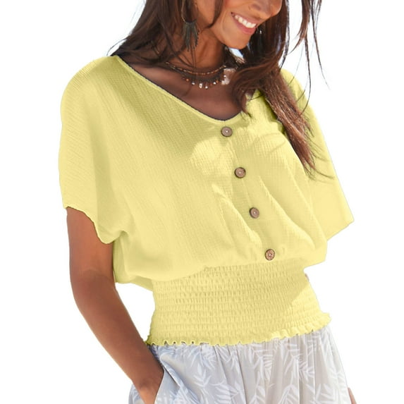 LASCANA Women's V-Neck Smocked Top Buttons