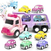 LASCOTON Toys for 1 2 Year Old Girl, 7-in-1 Carrier Truck, Toddler Girl Toys, Friction Power Toy Cars with Light & Sound, 1 2 3 Year Old Girl Gifts Birthday for Kids Girls Pink Toy