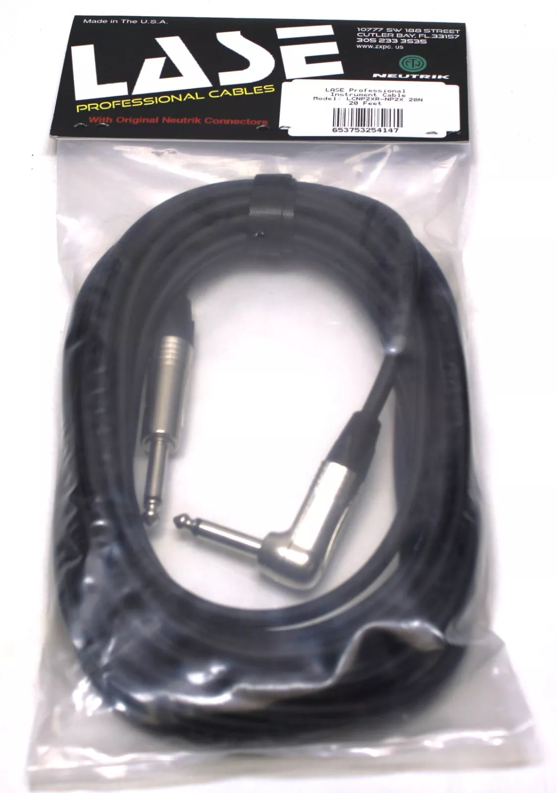 LASE 20 Ft Instrument Cable w/NEUTRIK NP2X & NP2RX 1/4" Right Angle Cable Nickel