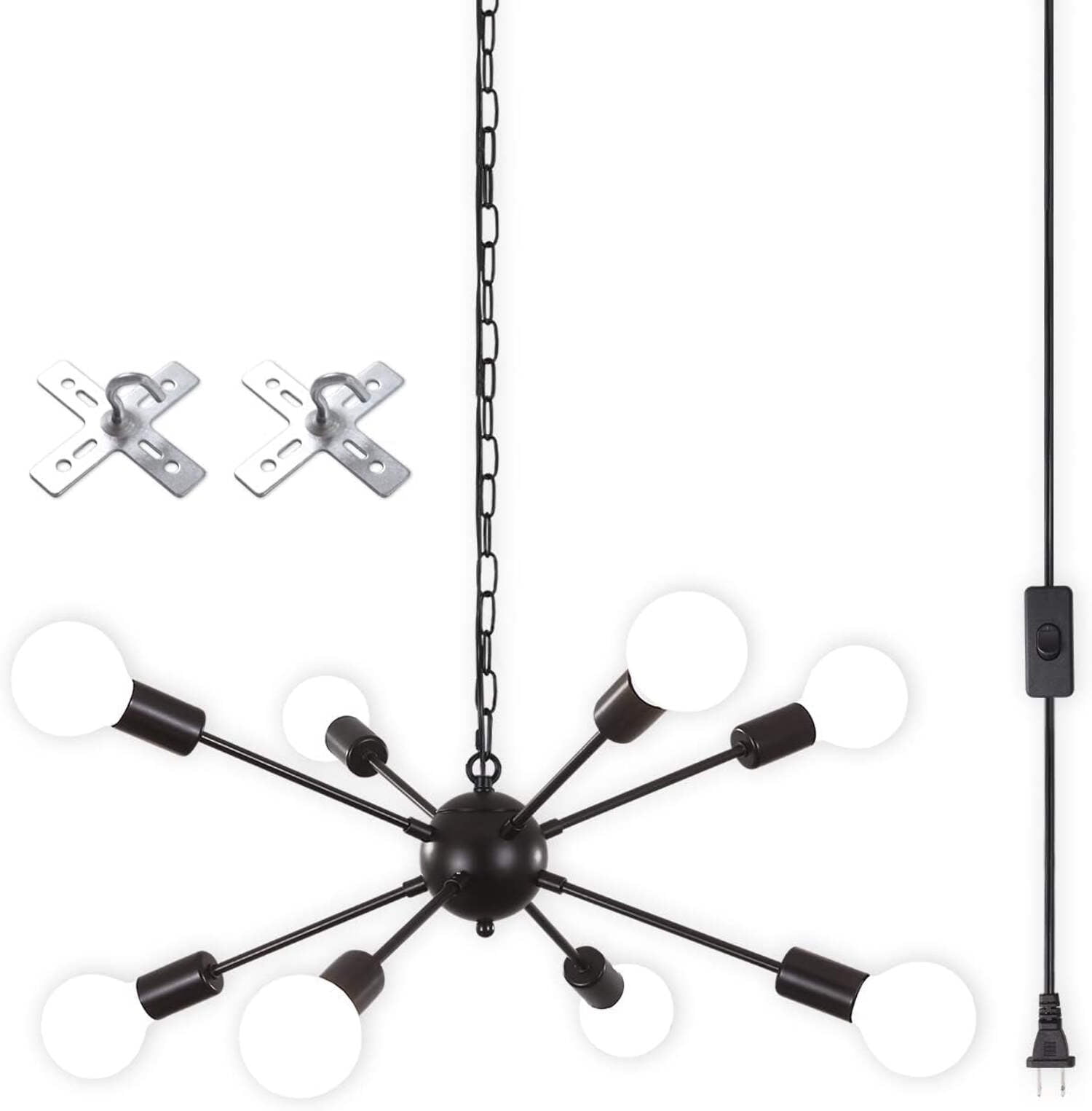 Black 8-Light Sputnik Plug-In Chandelier with Adjustable Chain