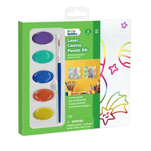 Hello Hobby Laser Pre-printed Canvas Panels Kit, includes 5 Pieces Watercolor Tablets, 2 Pieces Canvas Panels Pre-printed with Unique Rainbow-colored Laser Designs in 6" X 6" and 1 Piece Paintbrush