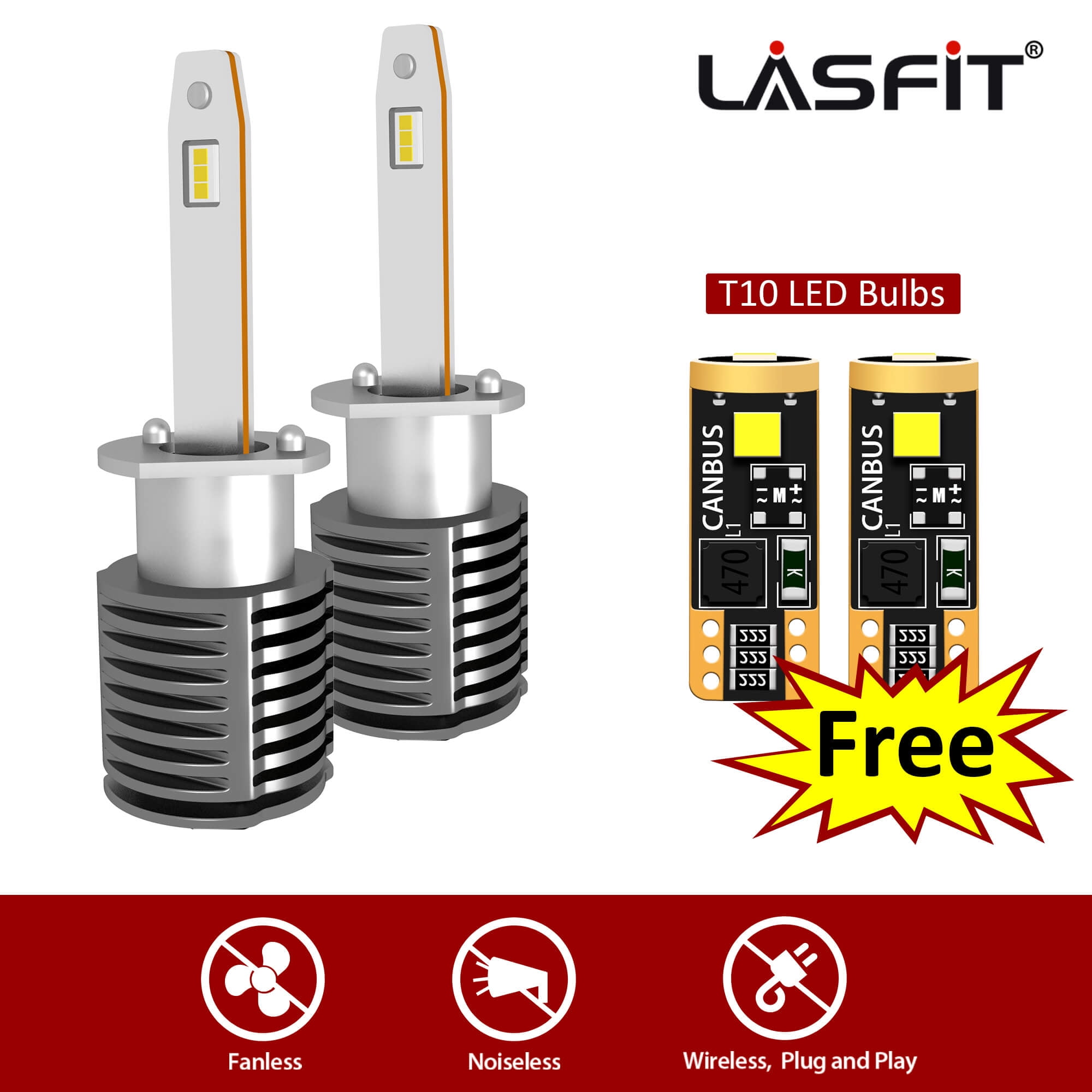 LASFIT H1 LED Fog Light Bulbs Fanless Noiseless, H1 Halogen Replacement 40W  4000LM 6000K Plug N Play, 2Pcs-Buy One Get 194 LEDs FREE 