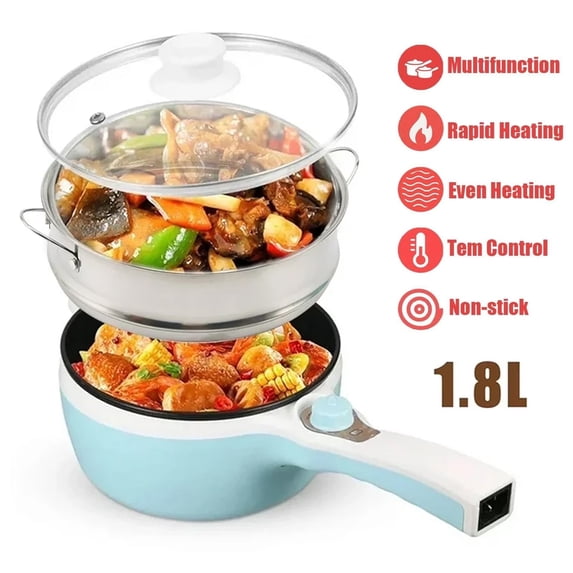OhhGo 1.8L Blue electric hot pot with steamer, non-stick ramen cooker, rotary switch, dual power control