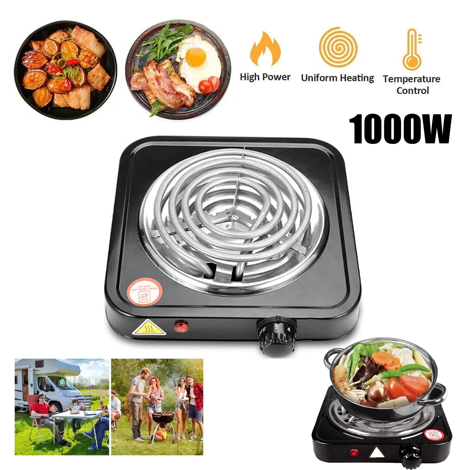 1000W Electric Single Burner, Portable Electric Hot Plate Cooktop Cookers, 5 Level Adjustable Temperature Stove Burner for Home Dorm Camping Cooking, Black