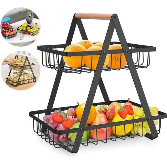 LASIEYO 2-Tier Fruit Basket for Kitchen Countertop, Stackable Vegetable Storage Bread Basket Holder with Wooden Handle, Detachable Metal Wire Basket, Black