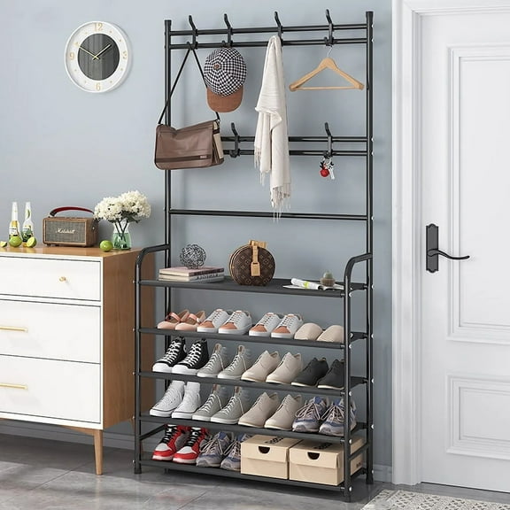 LASIEYO 5-Tier Entry Bench with Shoe Rack 8 Hooks, Entryway Coat Rack Bench Storage Organizer Freestanding for Bedroom, Hallway, Hall Tree Hat and Shoe Storage Rack, Black