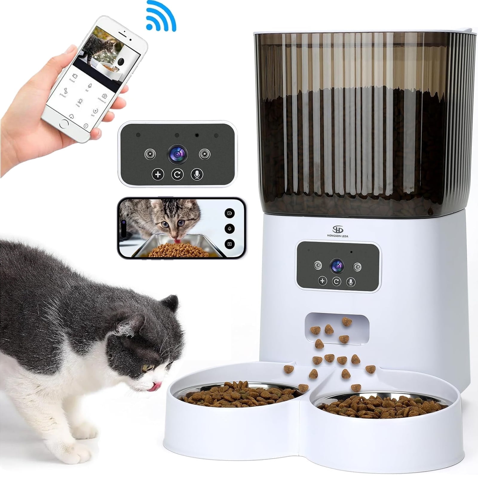 LASIEYO Smart Camera Automatic Cat Feeder for 2 Cats, 5L Food Dispenser with 2 Stainless Steel Bowl, App Control Smart Pet Feeder, for Dual Power Supply, Detachable for Easy Clean