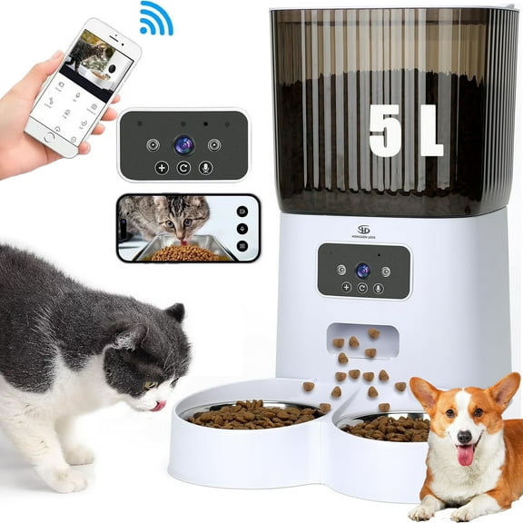 LASIEYO Smart Camera Automatic Cat Feeder for 2 Cats, 5L Food Dispenser with 2 Stainless Steel Bowl, App Control Smart Pet Feeder, for Dual Power Supply, Detachable for Easy Clean