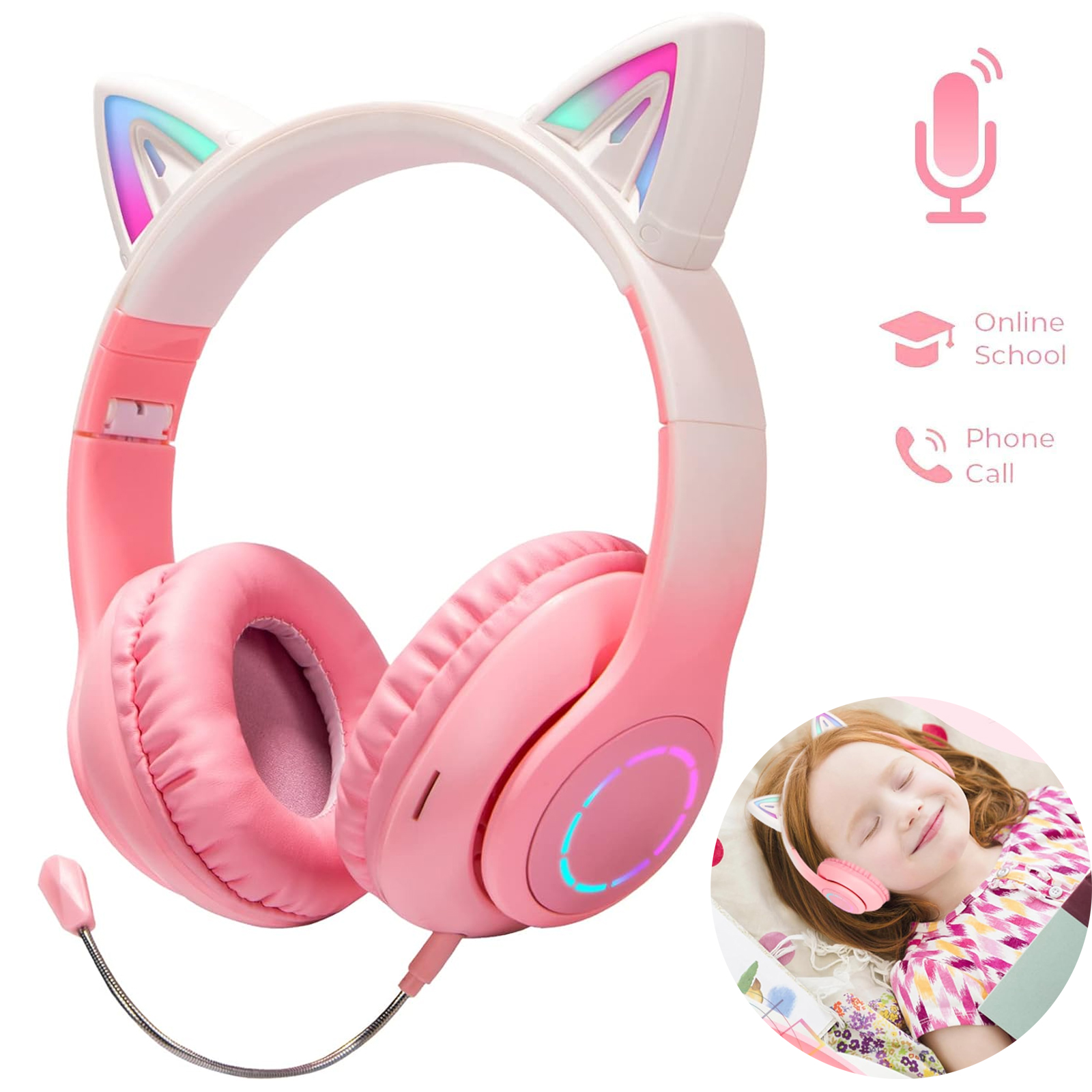 LASIEYO Kids Headphones with Microphone/RGB LED Light Up, Cat Ear Wireless Headphones, Foldable Bluetooth Stereo Over-Ear Headphones for Kids Tablet School Pad Smartphone, Pink