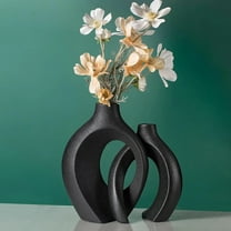 LASIEYO Ceramic Vase Set of 2, Boho Decorative Modern Donut Vase Neutral Nordic Minimalism Style Flower Vases for Office Bookshelf Living Room Home Decor, Black