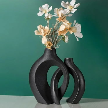 LASIEYO Ceramic Vase Set of 2, Boho Decorative Modern Donut Vase Neutral Nordic Minimalism Style Flower Vases for Office Bookshelf Living Room Home Decor, Black