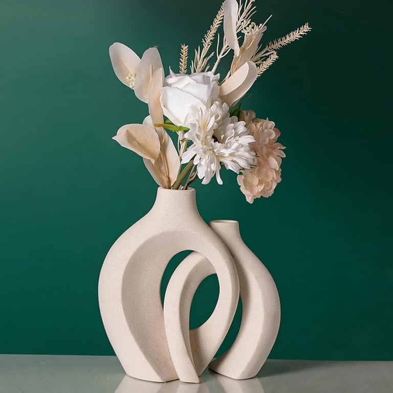 LASIEYO Ceramic Vase Set of 2, Boho Decorative Modern Donut Vase Neutral Nordic Minimalism Style Flower Vases for Office Bookshelf Living Room Home