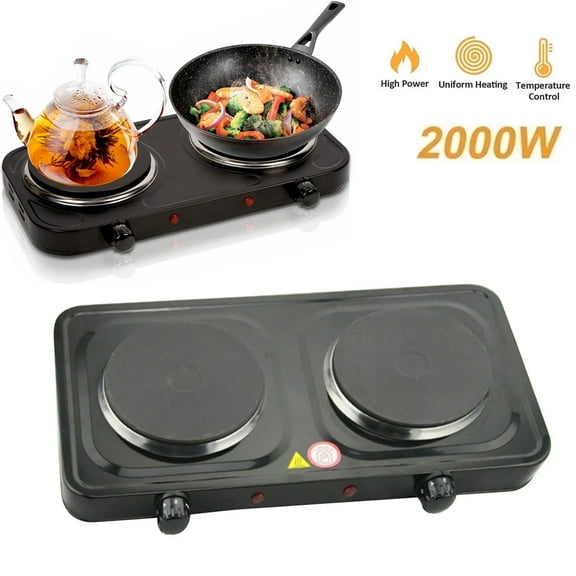 Electric Countertop Double Burner for Cooking, Portable 2000W Countertop Cast Iron Stove Burner, Hot Plate Temperature Controls with 5 Adjustable for RV/Home/Camp, Black
